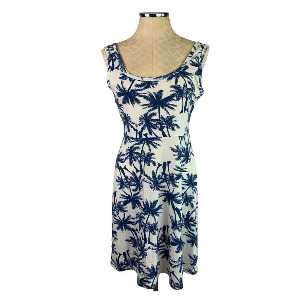Medium Herou Women's White Blue Tropical Print Tank Dress Jersey Knit